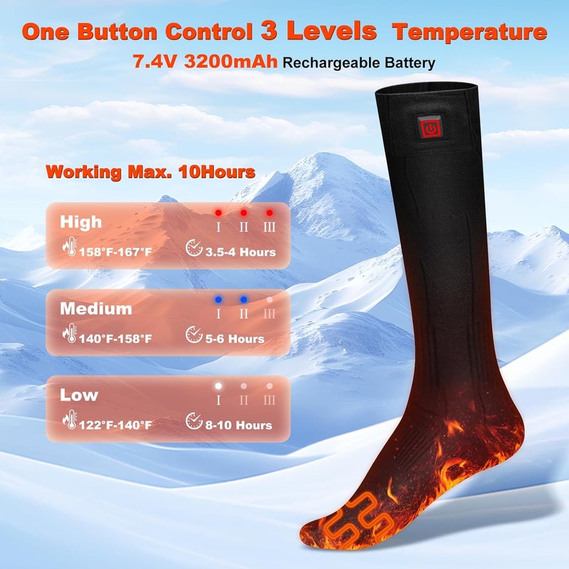 YOHELK Heated Socks,7.4V 3200mAh Rechargeable Electric Socks for Men Women with 3 Heating Levels, Thermal Socks with Button Control for Ski Hunting Cycling Camping Hiking(Black) - Image 2